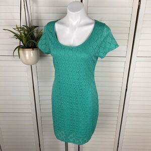 Isaac Mizrahi Green Stretch Perforated Lace Overlay Sheath Dress Womens‎ Size L